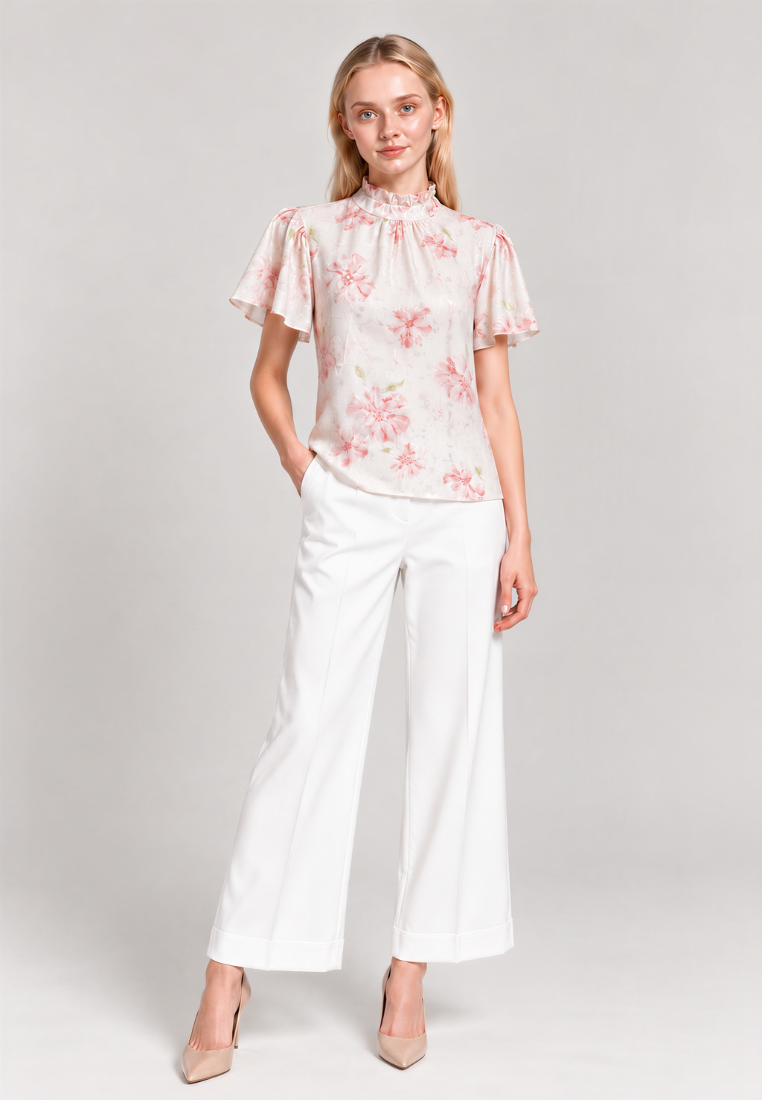 Sophie Floral Prints Ruffle High Neck Flutter Sleeve Top (Pink)