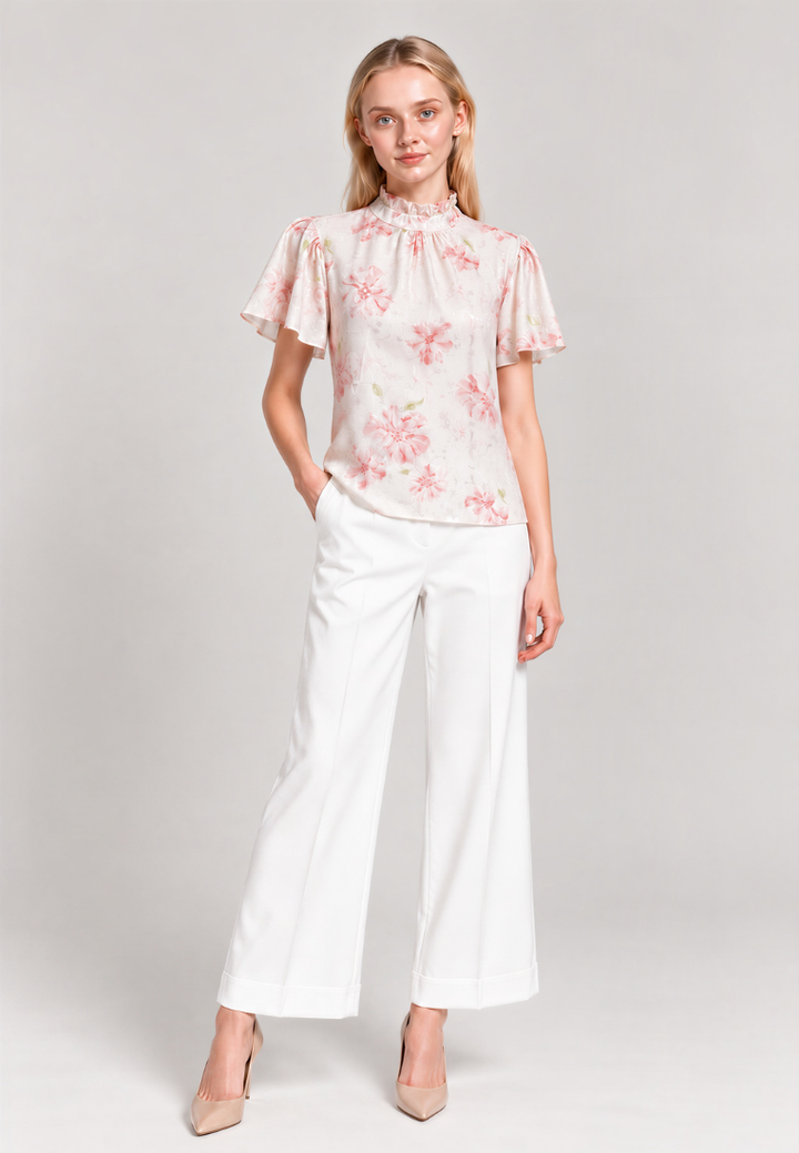 Sophie Floral Prints Ruffle High Neck Flutter Sleeve Top (Pink)