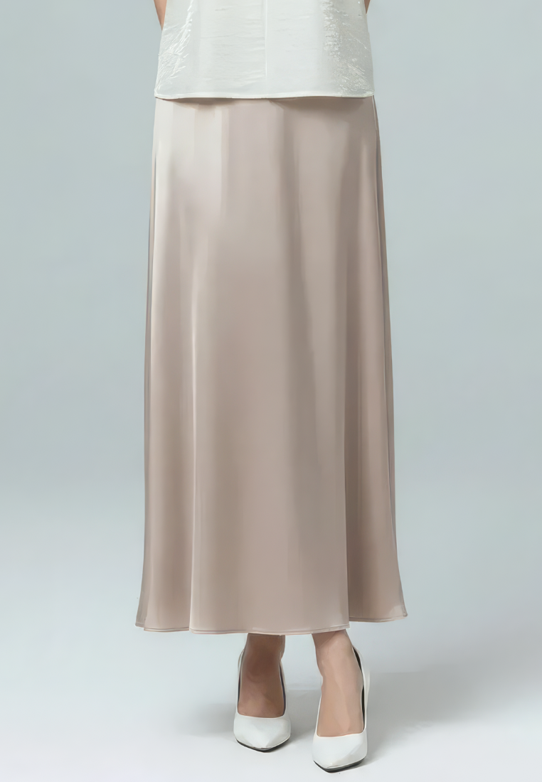 Remi Satin Flowy A-line Midi Skirt (Beige)