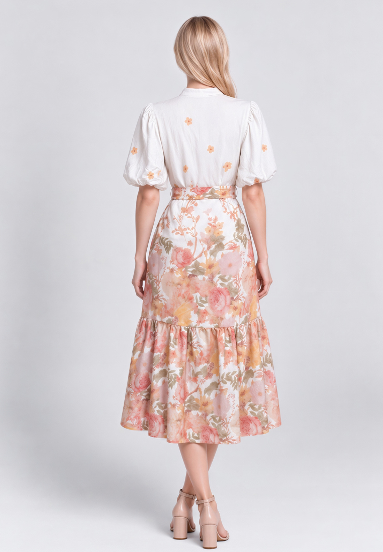 Helena Mandarin Collar Puff Sleeves Tiered Floral Midi Dress (Orange)