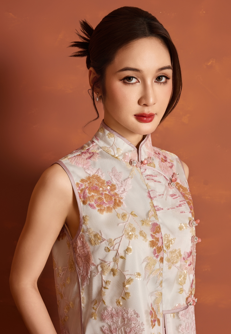 Yuan Man Spring Courtyard Embroidered Sequin Vest Top (Pink)