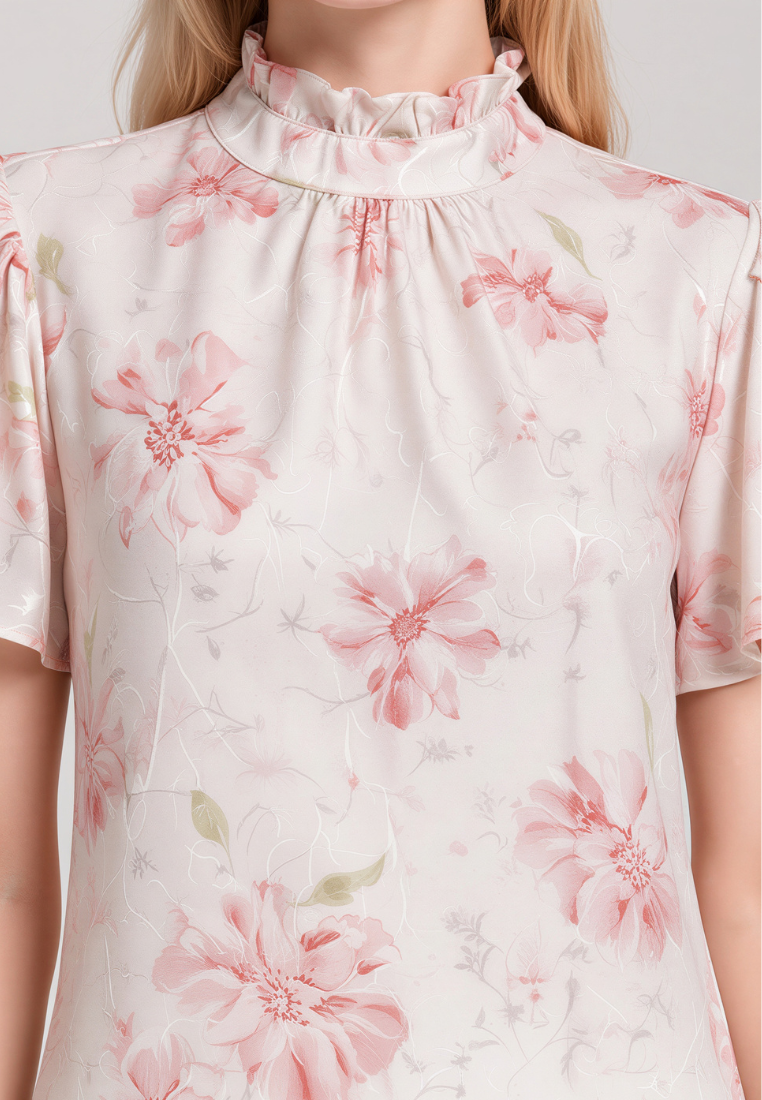 Sophie Floral Prints Ruffle High Neck Flutter Sleeve Top (Pink)