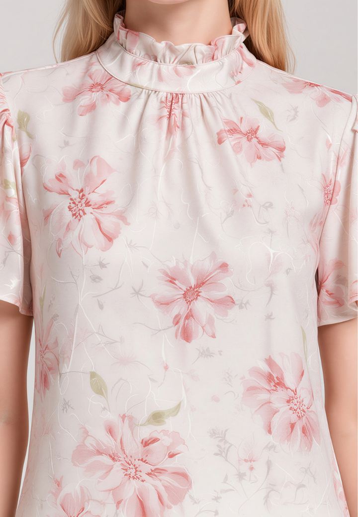 Sophie Floral Prints Ruffle High Neck Flutter Sleeve Top (Pink)