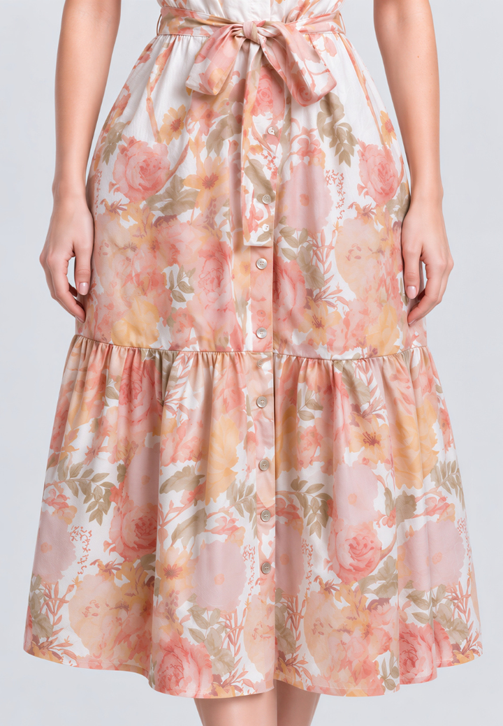 Helena Mandarin Collar Puff Sleeves Tiered Floral Midi Dress (Orange)