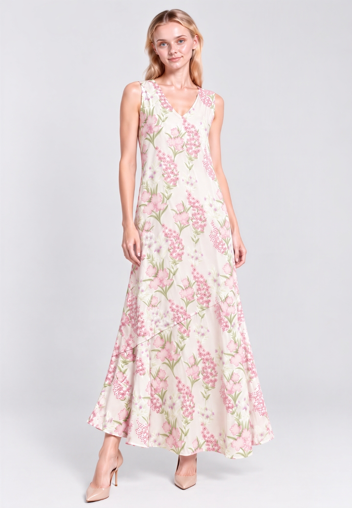 Lenora Floral Prints V-Neck Sleeveless Maxi Dress (Pink)