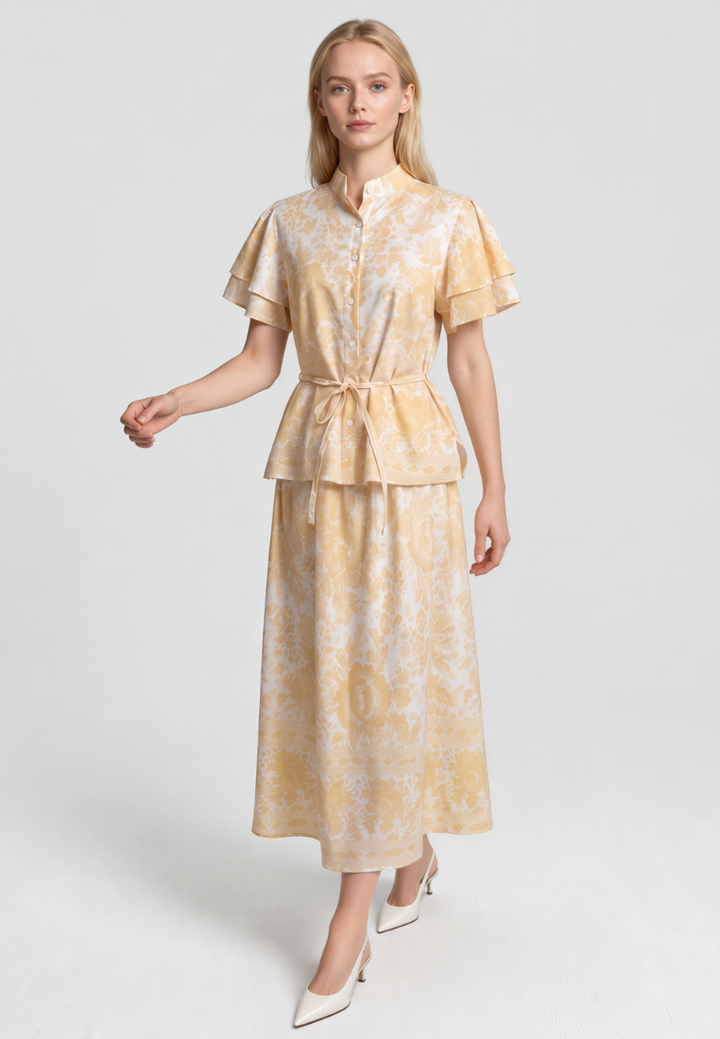 Beth Mandarin Collar Ruffle Sleeves Floral Top (Yellow)