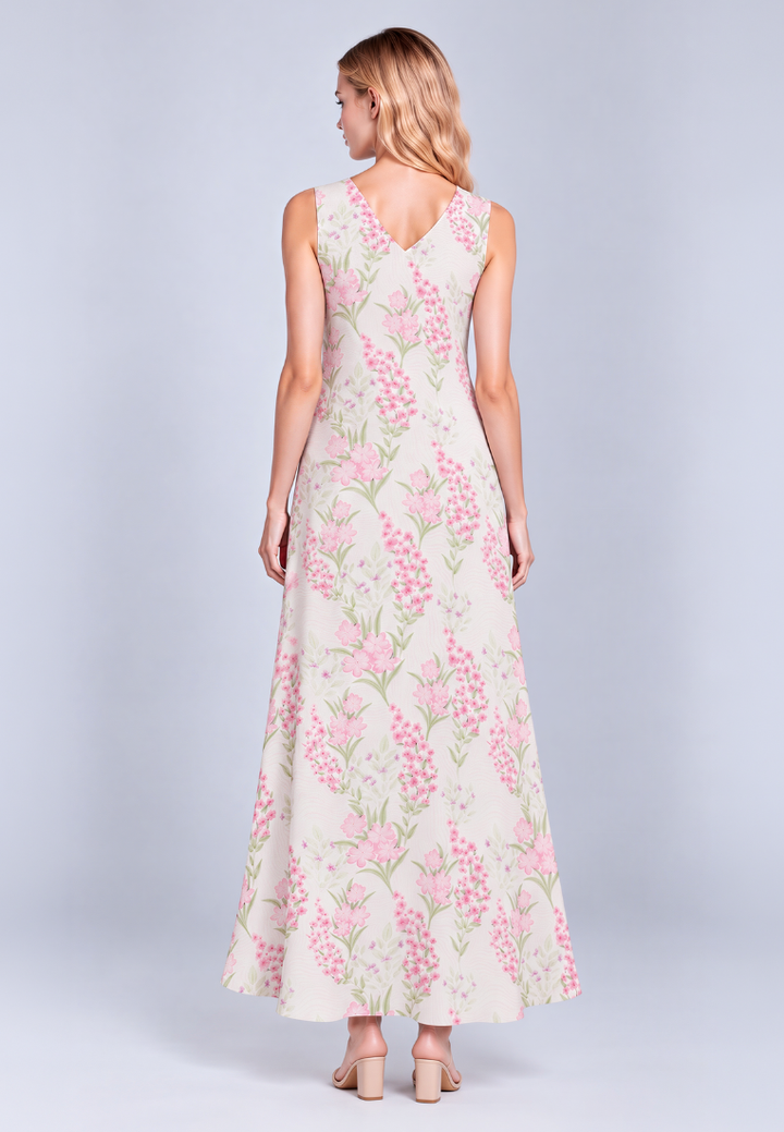 Lenora Floral Prints V-Neck Sleeveless Maxi Dress (Pink)