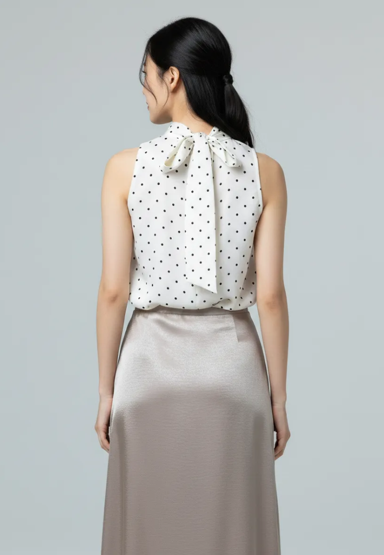 Yumi Satin Polka Dot Halter-Neck With Self Tie Ribbon Top (White)