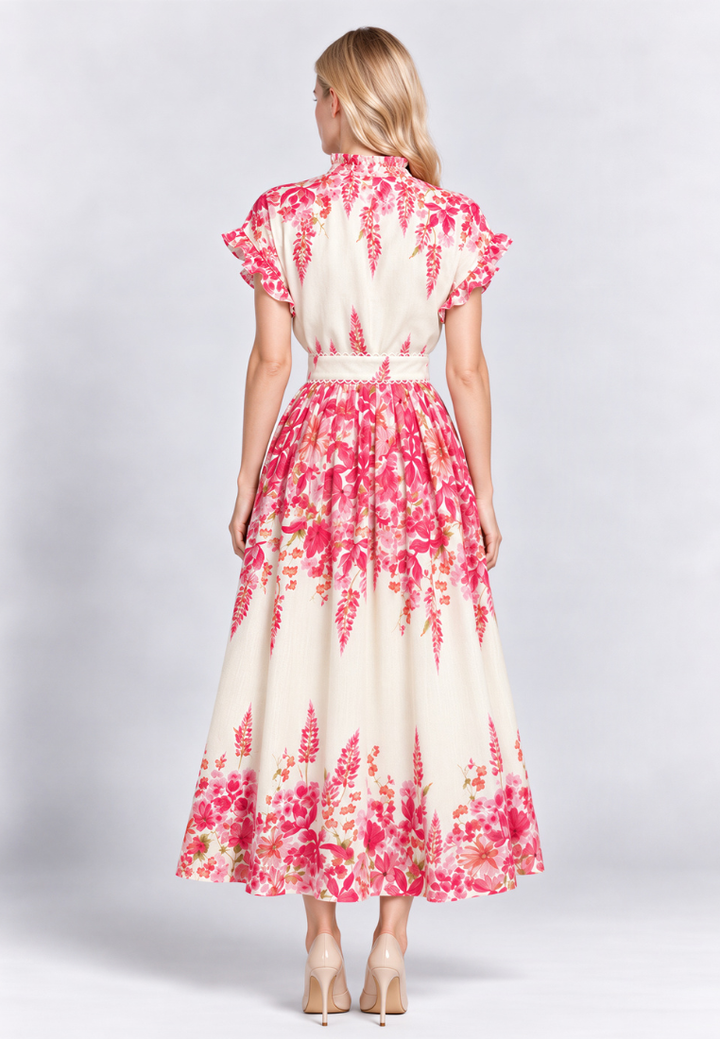 A woman viewed from the back wearing a cream-colored midi skirt with a vibrant pink floral print and ruffled cap sleeves top, paired with beige high heels against a light gray studio background.