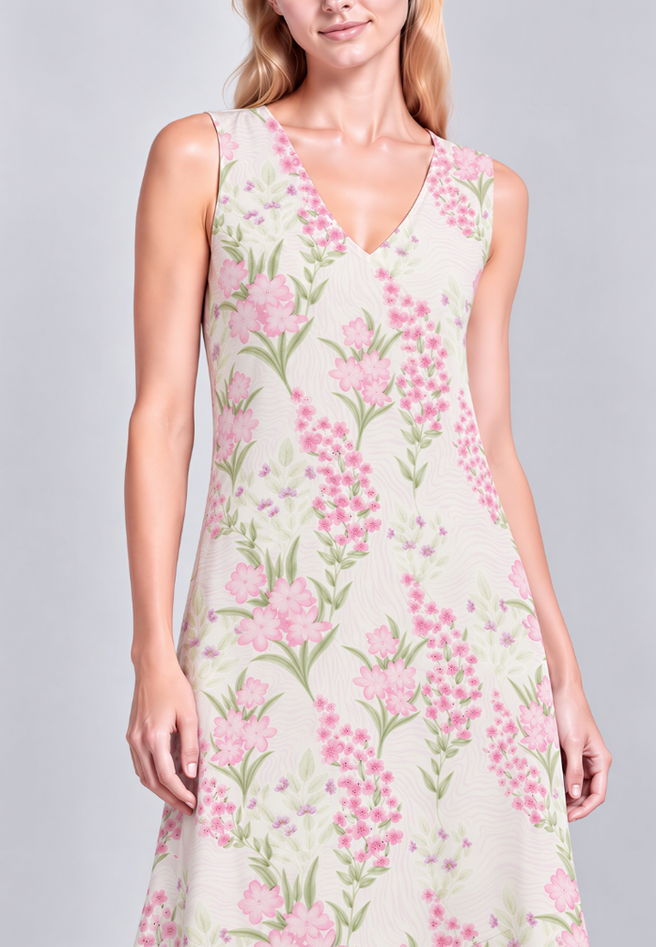 Lenora Floral Prints V-Neck Sleeveless Maxi Dress (Pink)