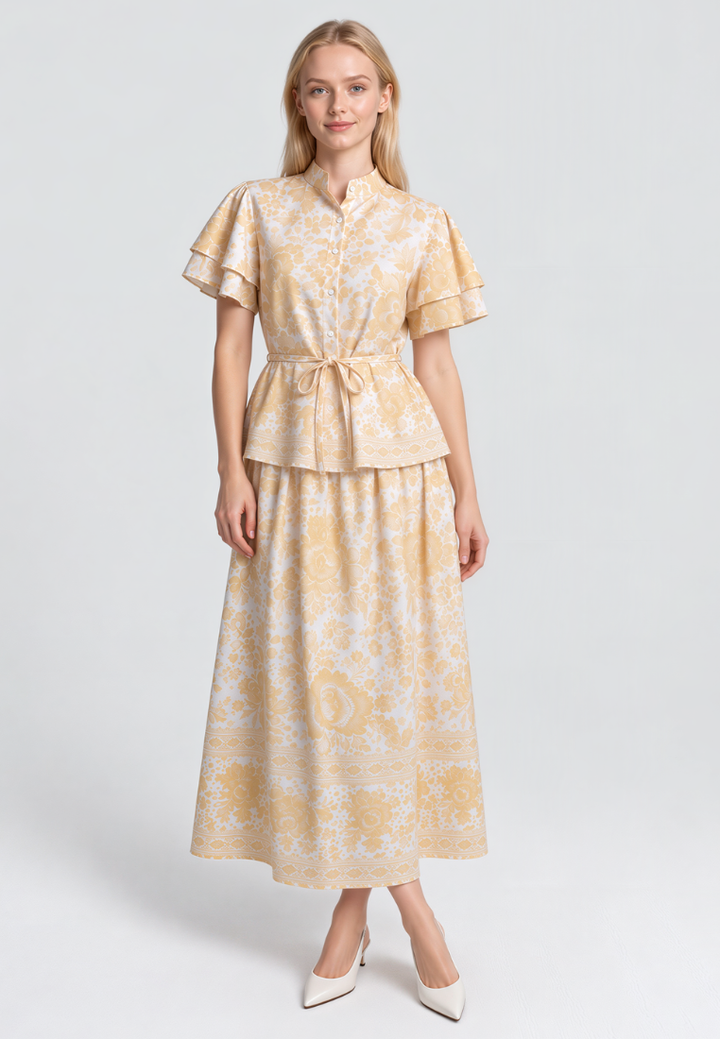 Beth Mandarin Collar Ruffle Sleeves Floral Top (Yellow)