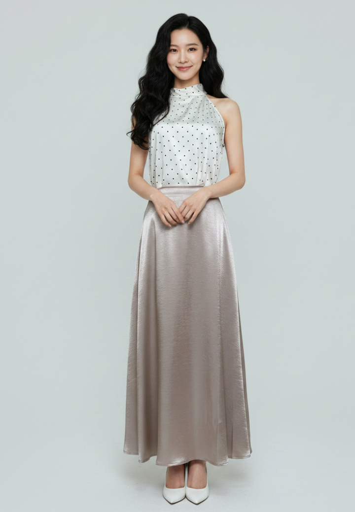 Yumi Satin Polka Dot Halter-Neck With Self Tie Ribbon Top (White)