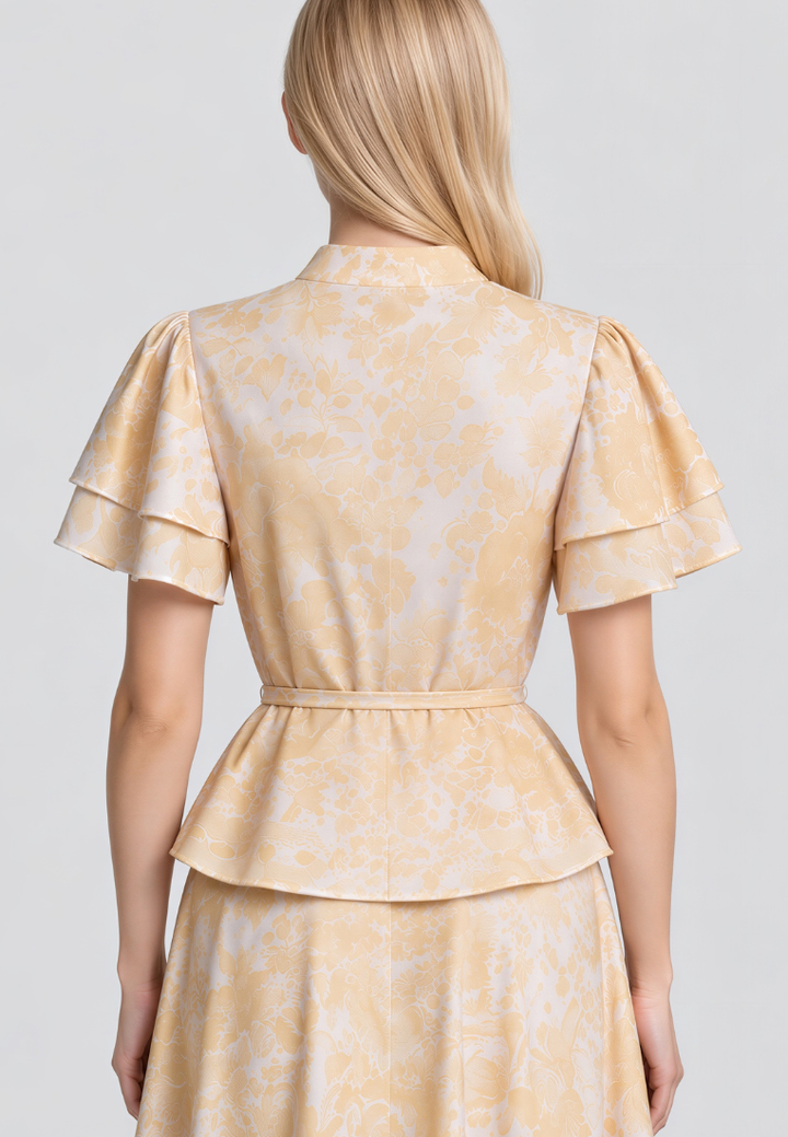 Beth Mandarin Collar Ruffle Sleeves Floral Top (Yellow)