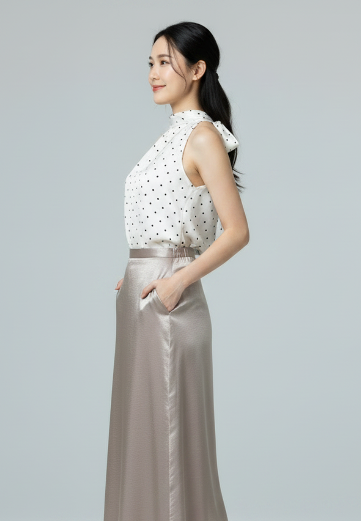 Yumi Satin Polka Dot Halter-Neck With Self Tie Ribbon Top (White)