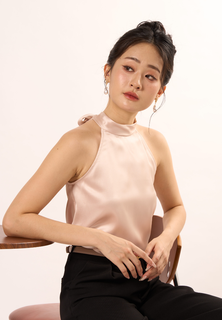 Love Knot Label | Élodie Halter-Neck With Self Tie Ribbon Top(Beige)