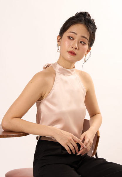 Love Knot Label | Élodie Halter-Neck With Self Tie Ribbon Top(Beige)