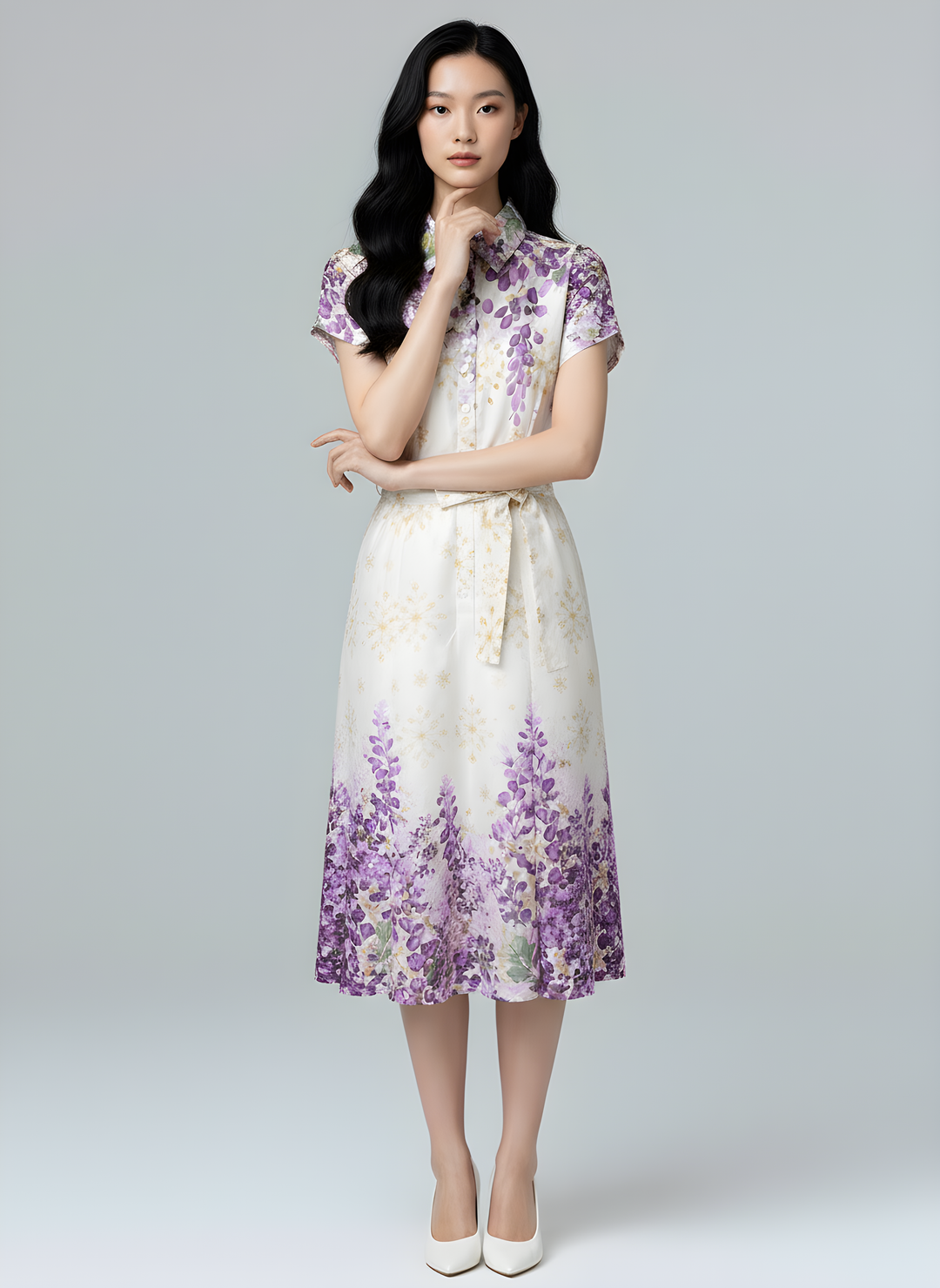 Camellia Cotton Eyelet Floral Prints Button Down A-line Collared Dress (Purple)