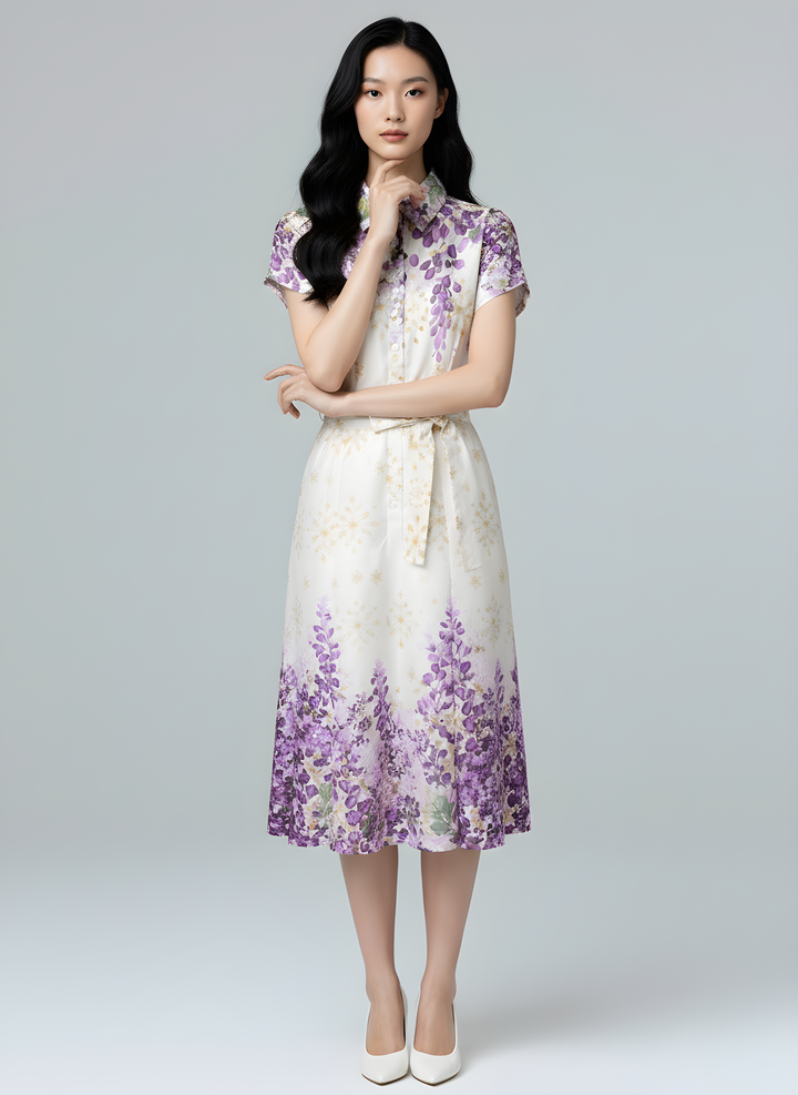 Camellia Cotton Eyelet Floral Prints Button Down A-line Collared Dress (Purple)