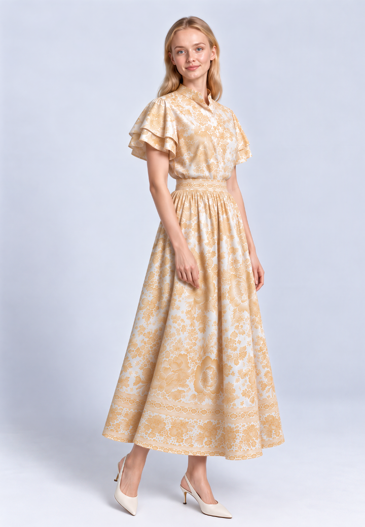 Bethany High Waist Midi Floral Skirt (Yellow)