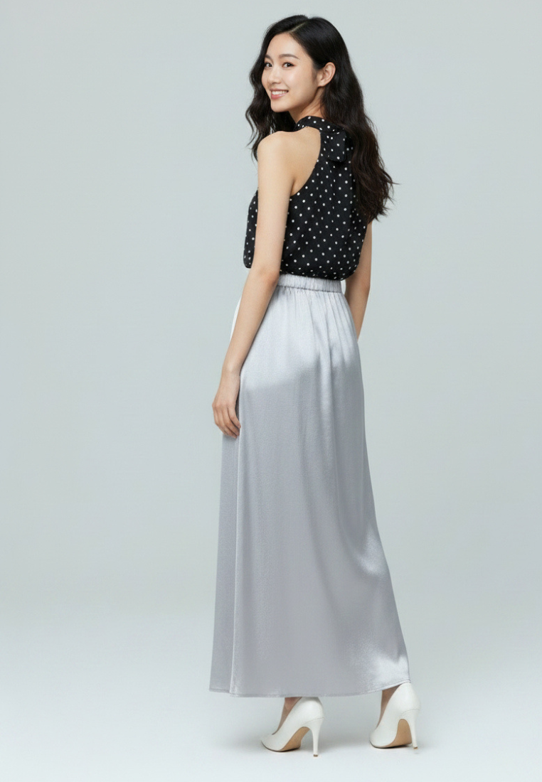Yumi Satin Polka Dot Halter-Neck With Self Tie Ribbon Top (Black)
