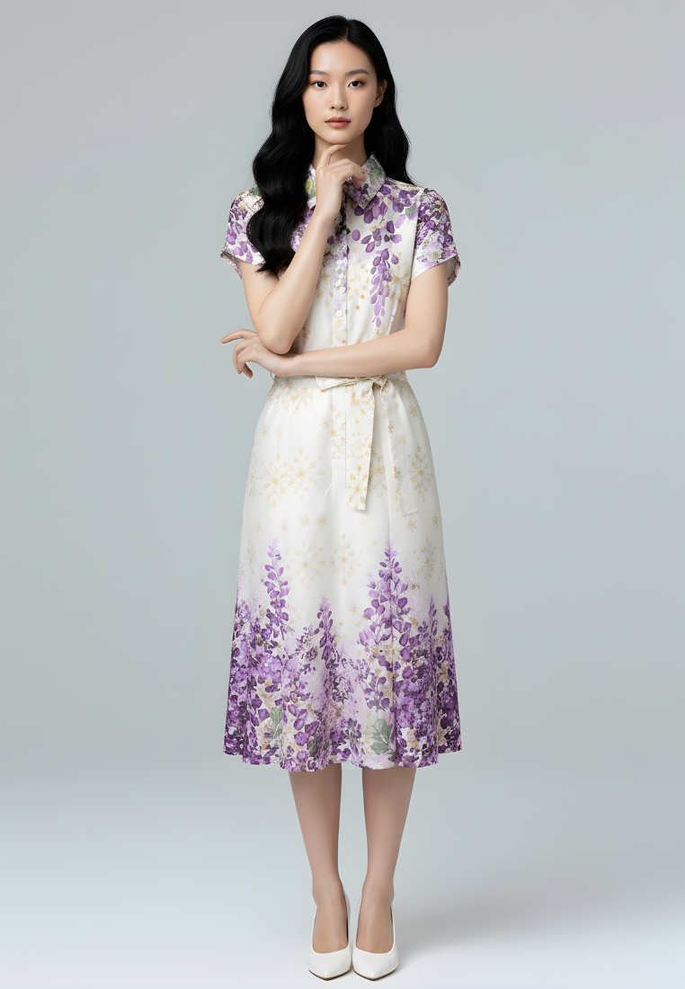 Camellia Cotton Eyelet Floral Prints Button Down A-line Collared Dress (Purple)