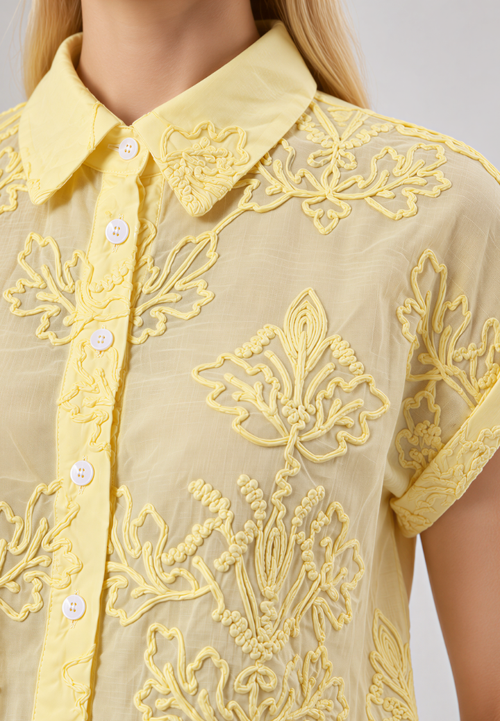 Phoebe Cotton Embroidered Scalloped Hem Button Down Shirt (Yellow)