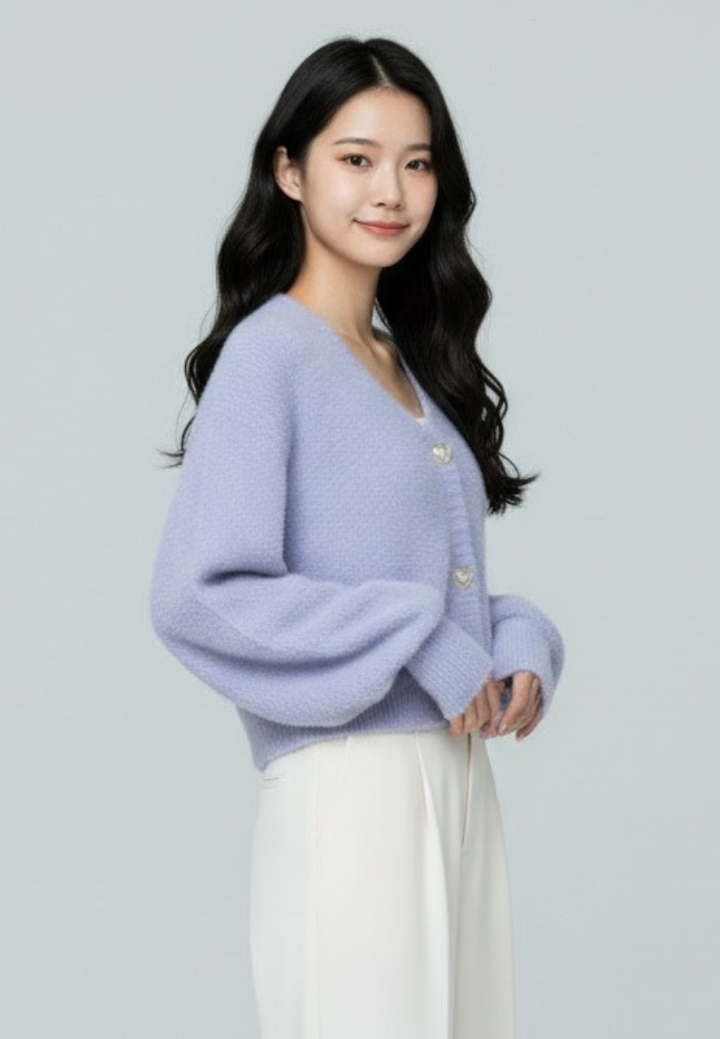 Delora Fuzzy Cardigan With Heart Pearl Buttons (Purple)