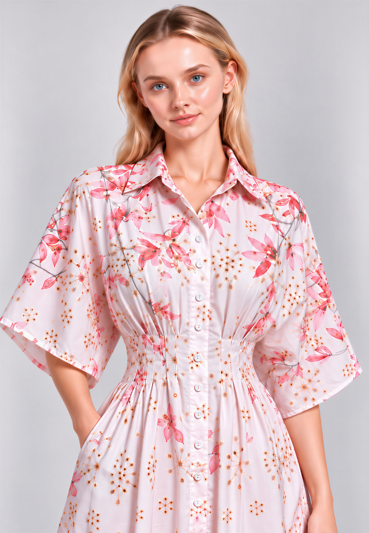 Vanessa Floral Prints Cinched Waist Midi Dress (Pink)