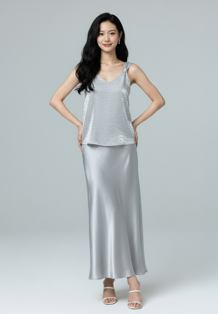 Lumi Satin Twisted Knot Sleeveless Blouse Top (Blue)