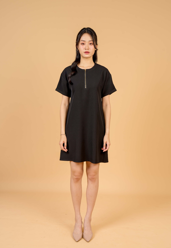 Rylee A-Line With Gold Zipper Dress(Black)
