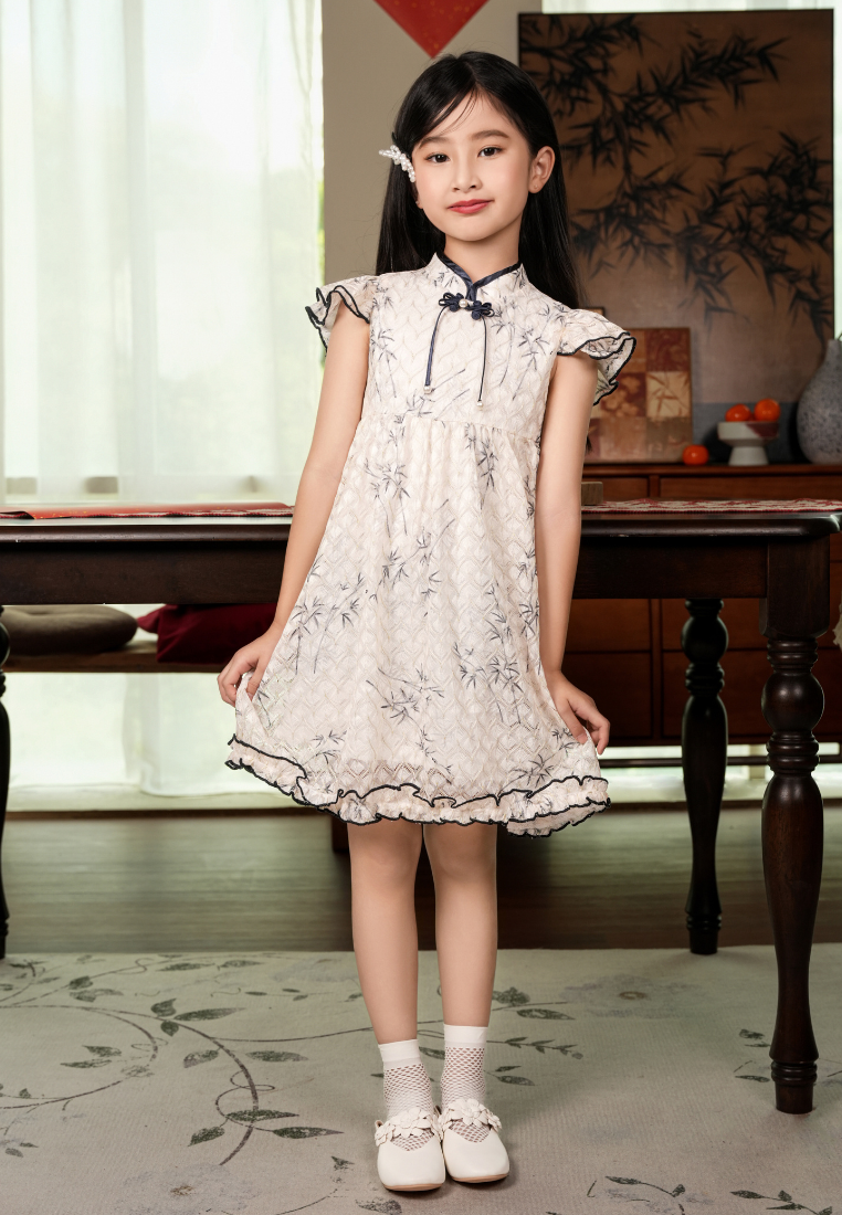 Little Zhu Yun Classic Lace Bamboo Elements Girls A-line Cheongsam Dress (White)