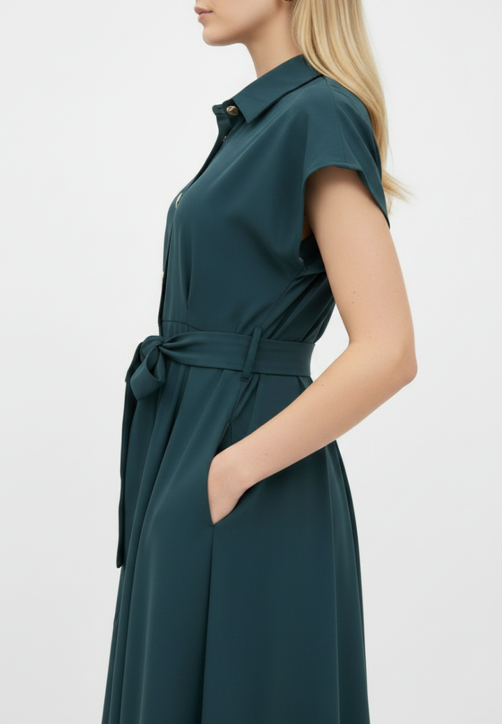 Dewi Collar Button Down Dress (Emerald Green)