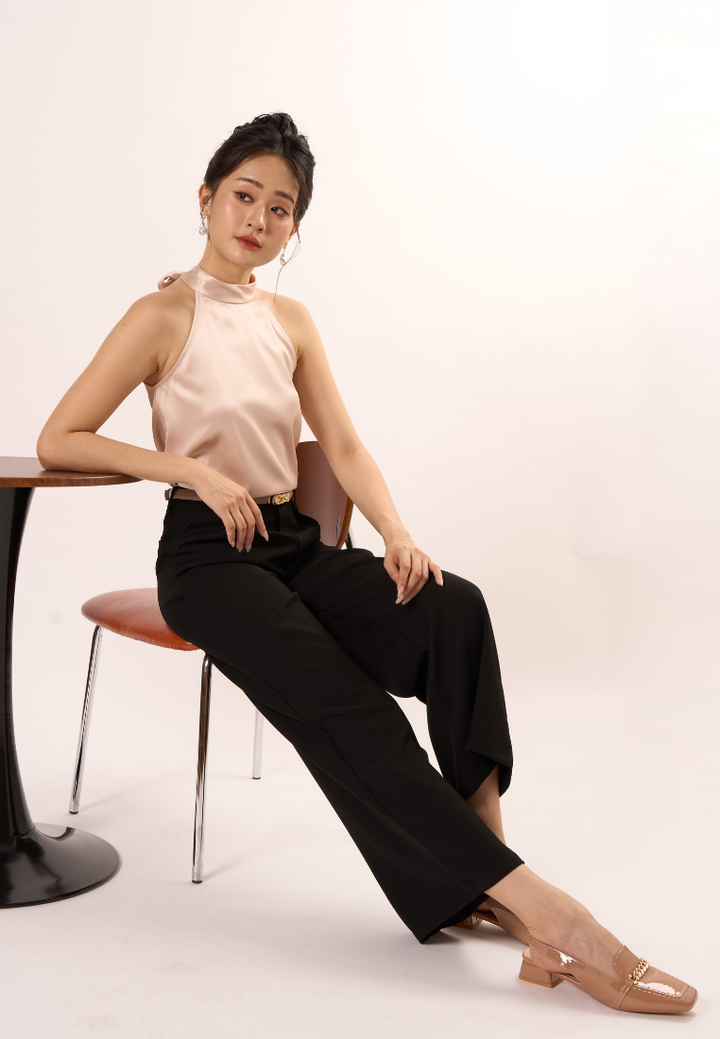 Elodie Halter-Neck With Self Tie Ribbon Top (Beige)