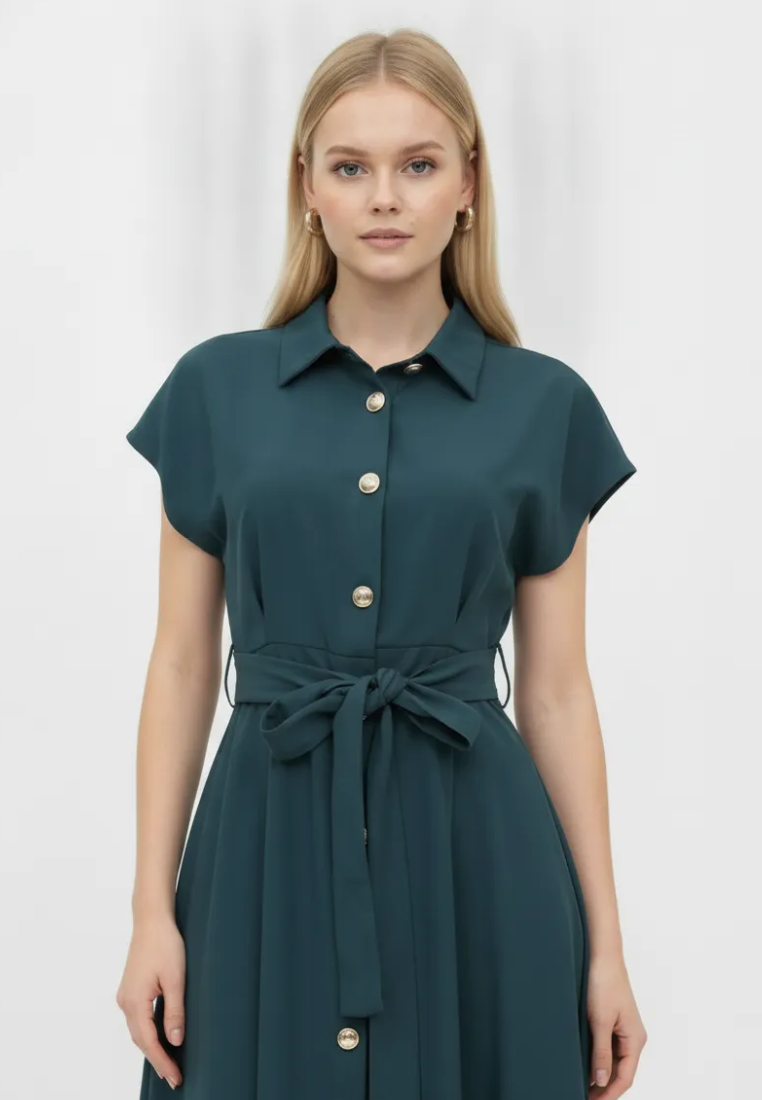 Dewi Collar Button Down Dress (Emerald Green)