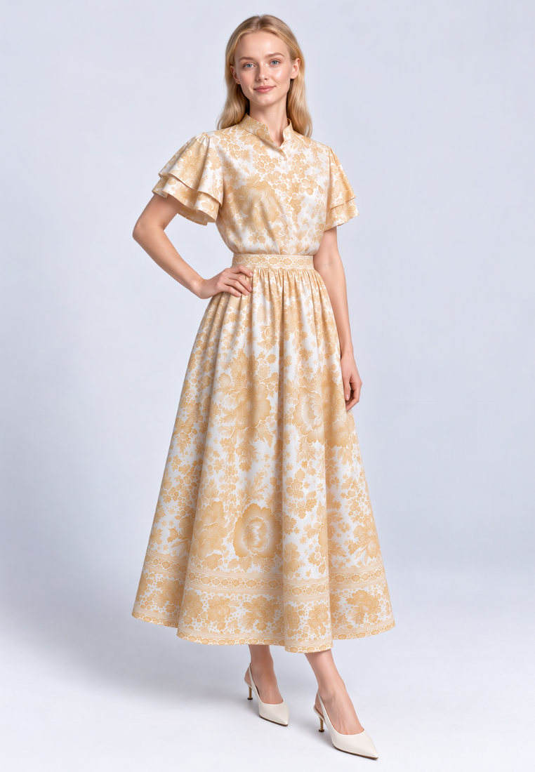 Bethany High Waist Midi Floral Skirt (Yellow)