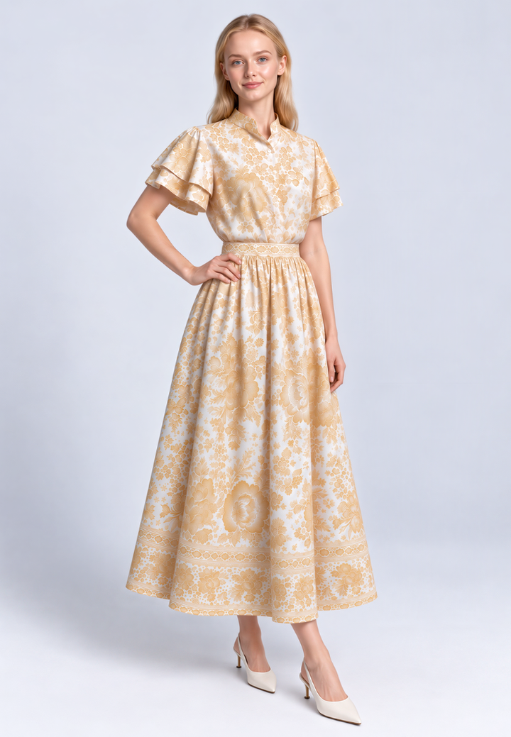 Bethany High Waist Midi Floral Skirt (Yellow)