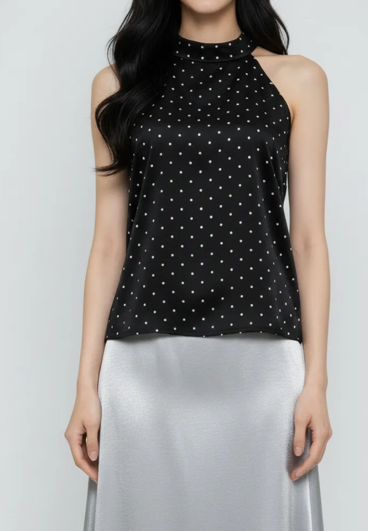 Yumi Satin Polka Dot Halter-Neck With Self Tie Ribbon Top (Black)
