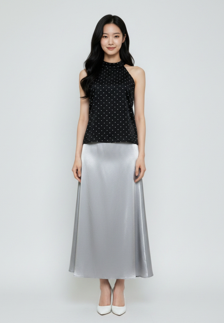 Yumi Satin Polka Dot Halter-Neck With Self Tie Ribbon Top (Black)