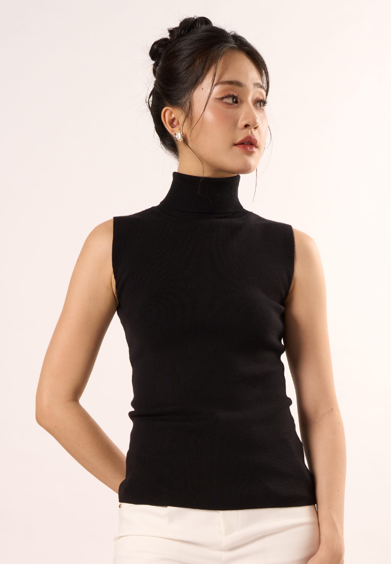 Doris High Collar Sleeveless Top (Black)