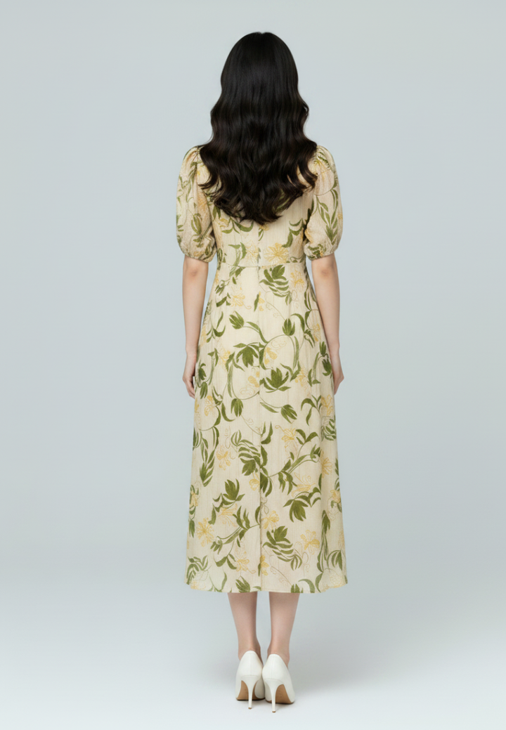 Briana Floral Prints With Puff Sleeve A-line Midi Dress (Green)