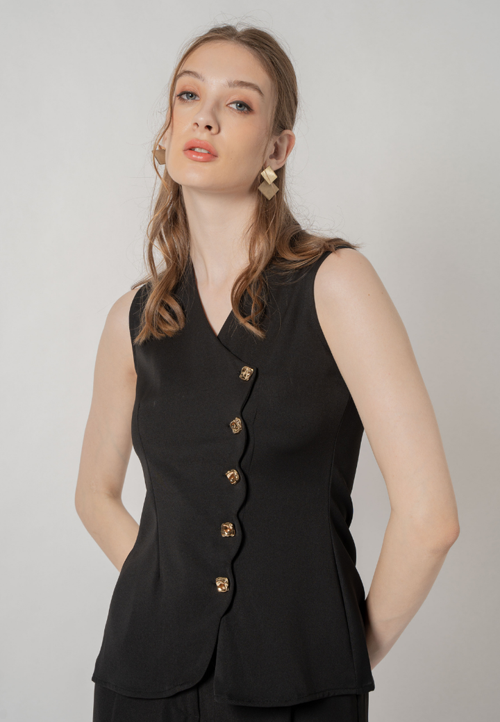 Akina Side Button-up Sleeveless Top (Black)