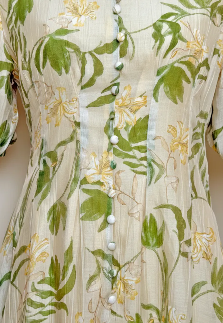 Briana Floral Prints With Puff Sleeve A-line Midi Dress (Green)