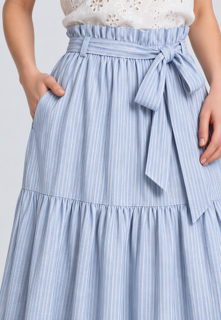 Lily Crinkle Prints Tie Waist Tiered Maxi Skirt (Blue)