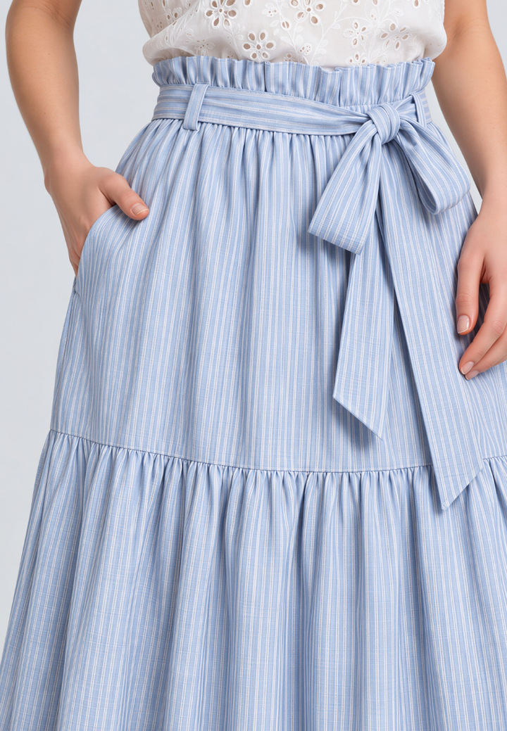 Lily Crinkle Prints Tie Waist Tiered Maxi Skirt (Blue)