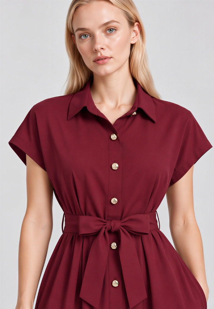 A woman wearing a short-sleeve collared shirt dress in deep burgundy with gold-tone buttons and a matching waist tie, shown against a light gray studio background.