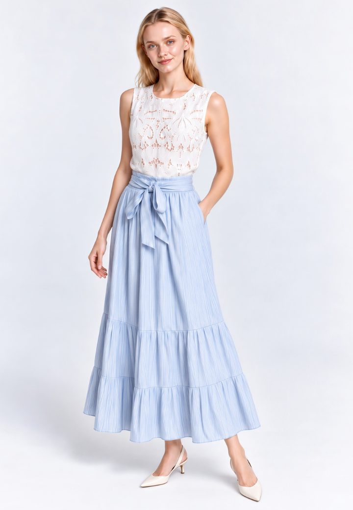Lily Crinkle Prints Tie Waist Tiered Maxi Skirt (Blue)