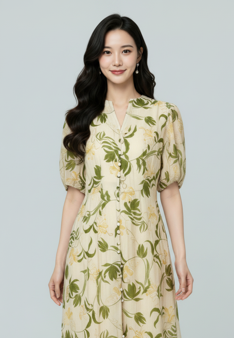 Briana Floral Prints With Puff Sleeve A-line Midi Dress (Green)