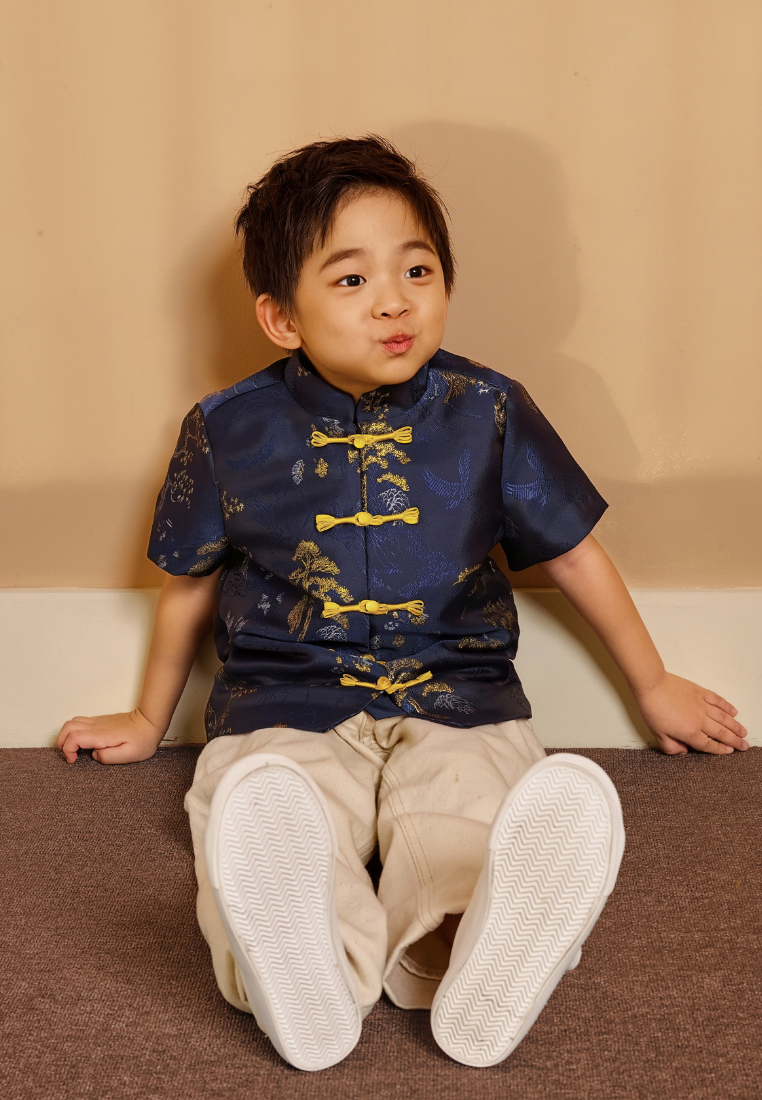 Fu An Ink Mountain Jacquard Boy Samfu Top (Navy)