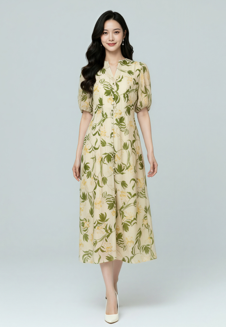 Briana Floral Prints With Puff Sleeve A-line Midi Dress (Green)
