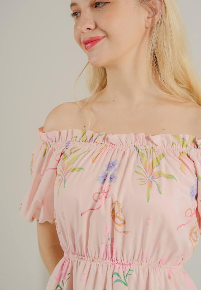 Bloom Off-shoulder Flare Dress(Pink)